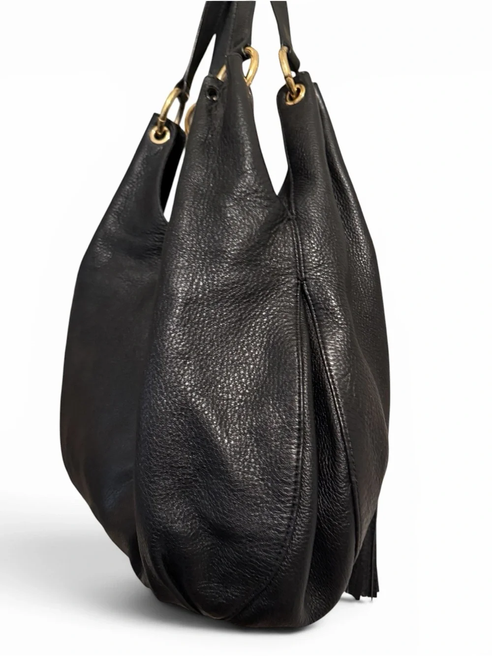 MICHAEL MICHAEL KORS Large  Black Pebble Leather Charm Tassel Hobo Shoulder Bag
